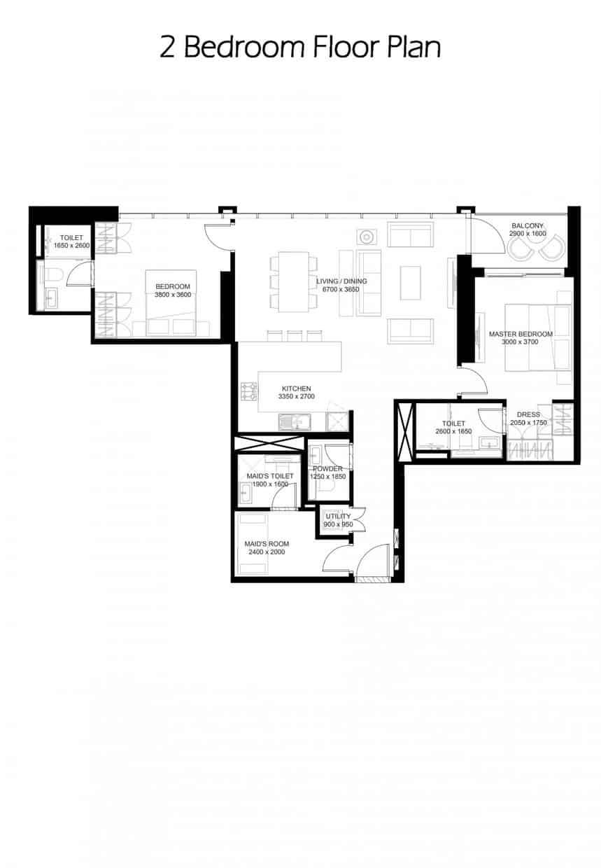 Two Bedroom + Maid Floor Plan