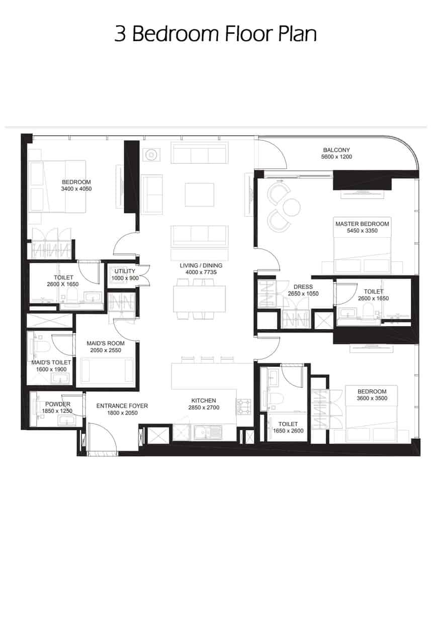 3 Bedroom + Maid Floor Plan